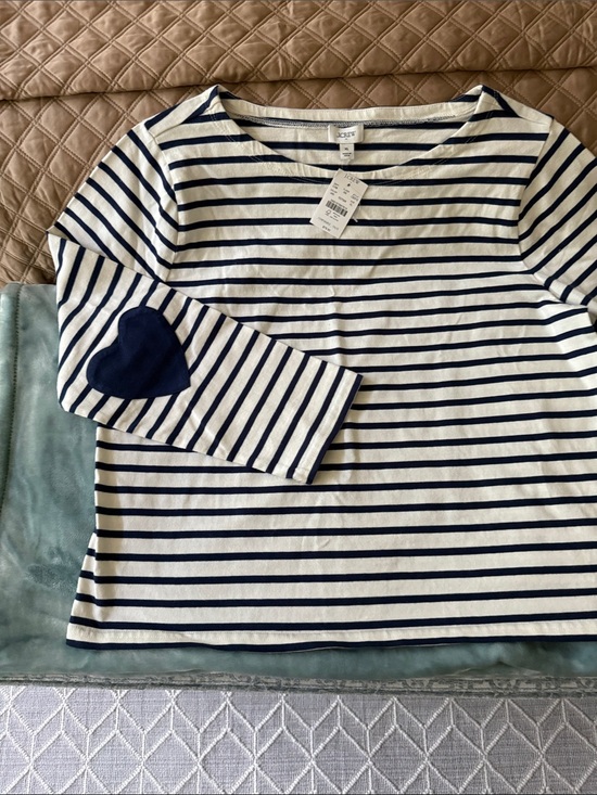 J. Crew Tops - J. Crew Navy and White Striped Boatneck Top with Heart Elbow Patch